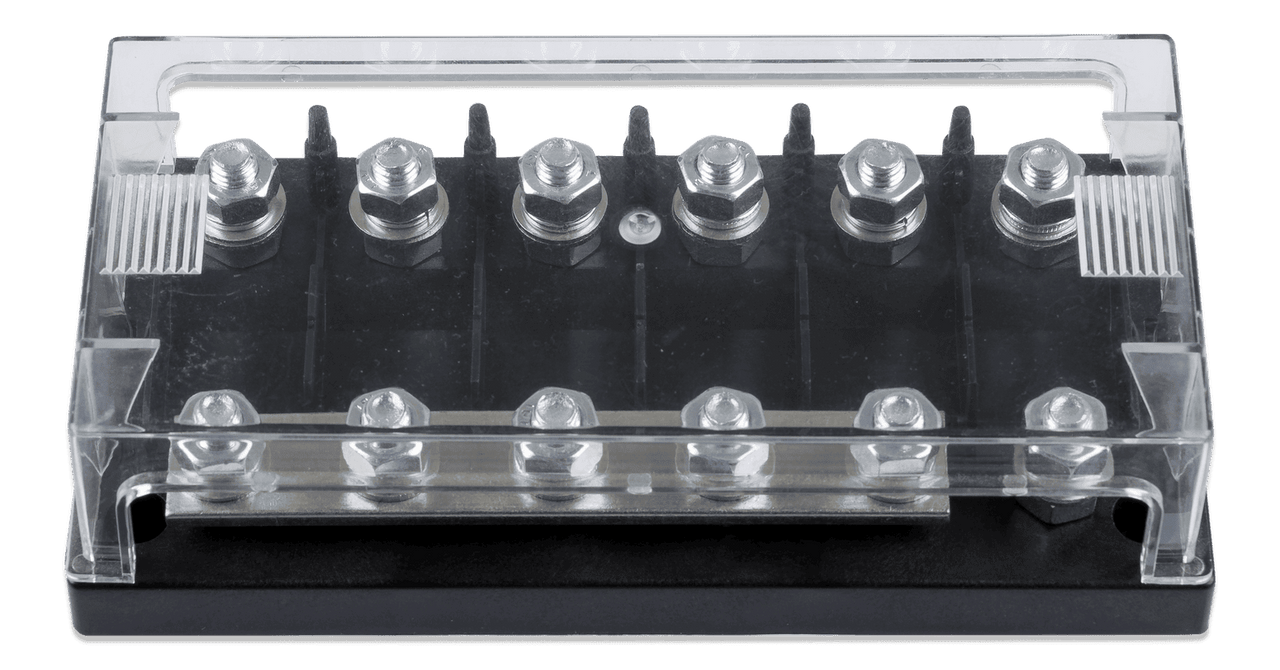 6-way MEGA-fuse holder with clear protective cover and black ABS base