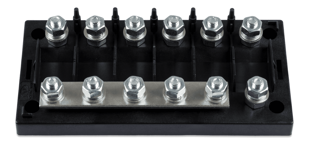 6-way MEGA-fuse holder without cover showing terminal studs and busbar