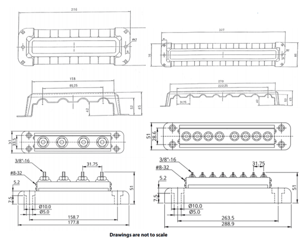 Dimensional drawings for 4P and 8P Victron busbars and covers with metric measurements