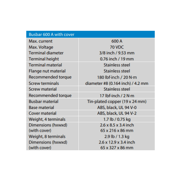Specifications table for Victron 600A busbar detailing current, voltage and material specs
