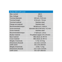 Technical specifications table for Victron 600A busbar including terminal sizes and torque values