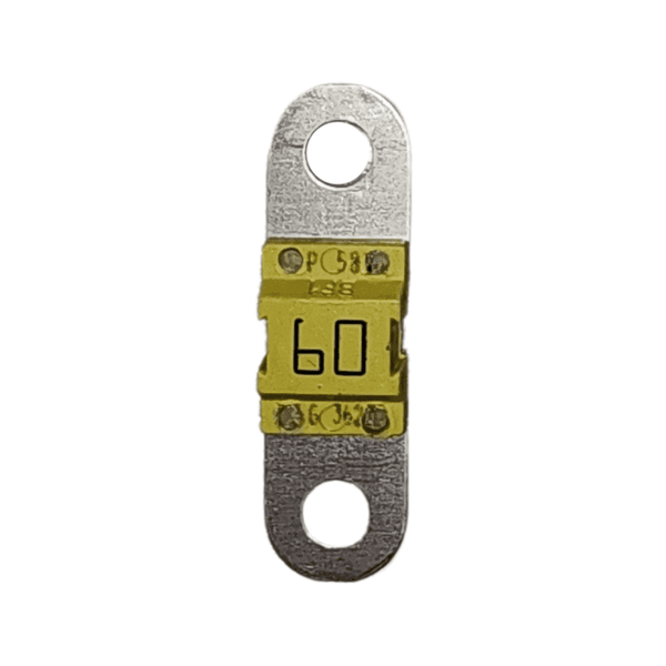 60A 58V MIDI fuse with metallic finish and circular mounting holes on a white background