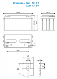 Dimensional drawing of the Victron 90Ah AGM battery showing width, height and terminal details