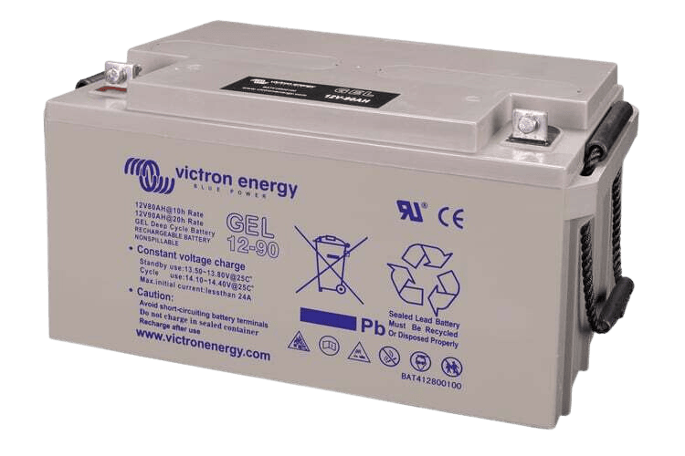 Angled view of 90Ah Victron gel battery showing integrated rope handles for lifting