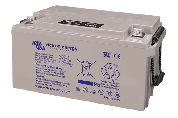 Angled view of 90Ah Victron gel battery showing integrated rope handles for lifting