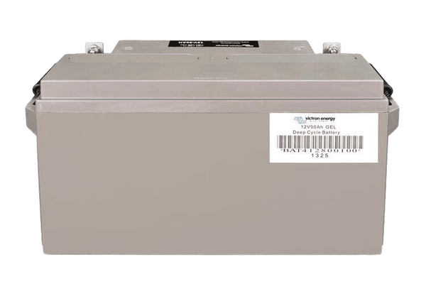 Rear identification label of Victron 90Ah gel battery with SKU barcode