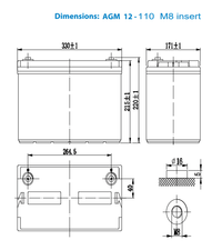 Technical dimensional drawing of the 110Ah AGM battery showing measurements in millimetres