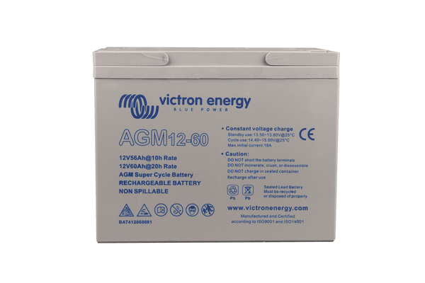 Direct front view of Victron AGM 12-60 Super Cycle battery showing label details and safety icons