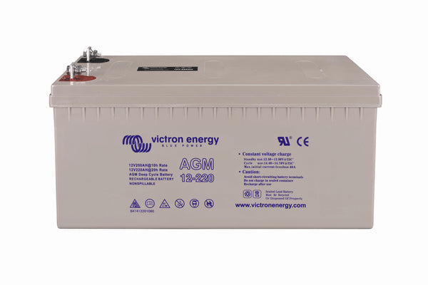 Front view of Victron 12V 220Ah AGM battery showing technical specifications and compliance marks