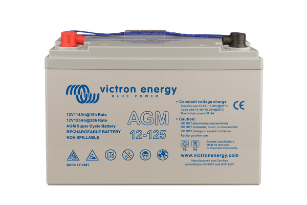 Victron 125Ah AGM battery with red and black protective terminal covers