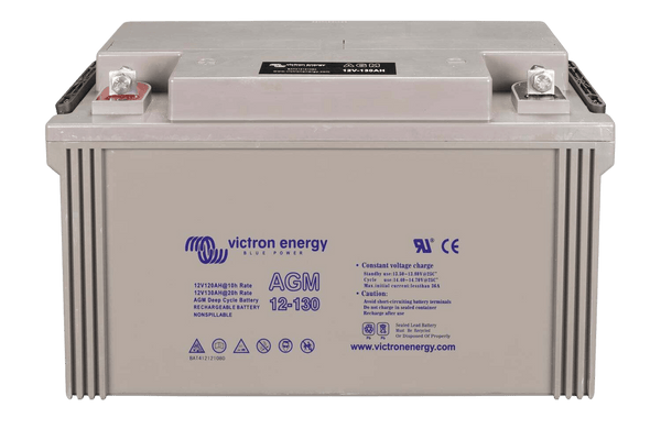 Top-angled view of Victron AGM battery showing bolt-down terminals and integrated carrying handles