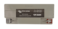 Top-down view of Victron AGM battery showing positive and negative screw terminals and polarity markings