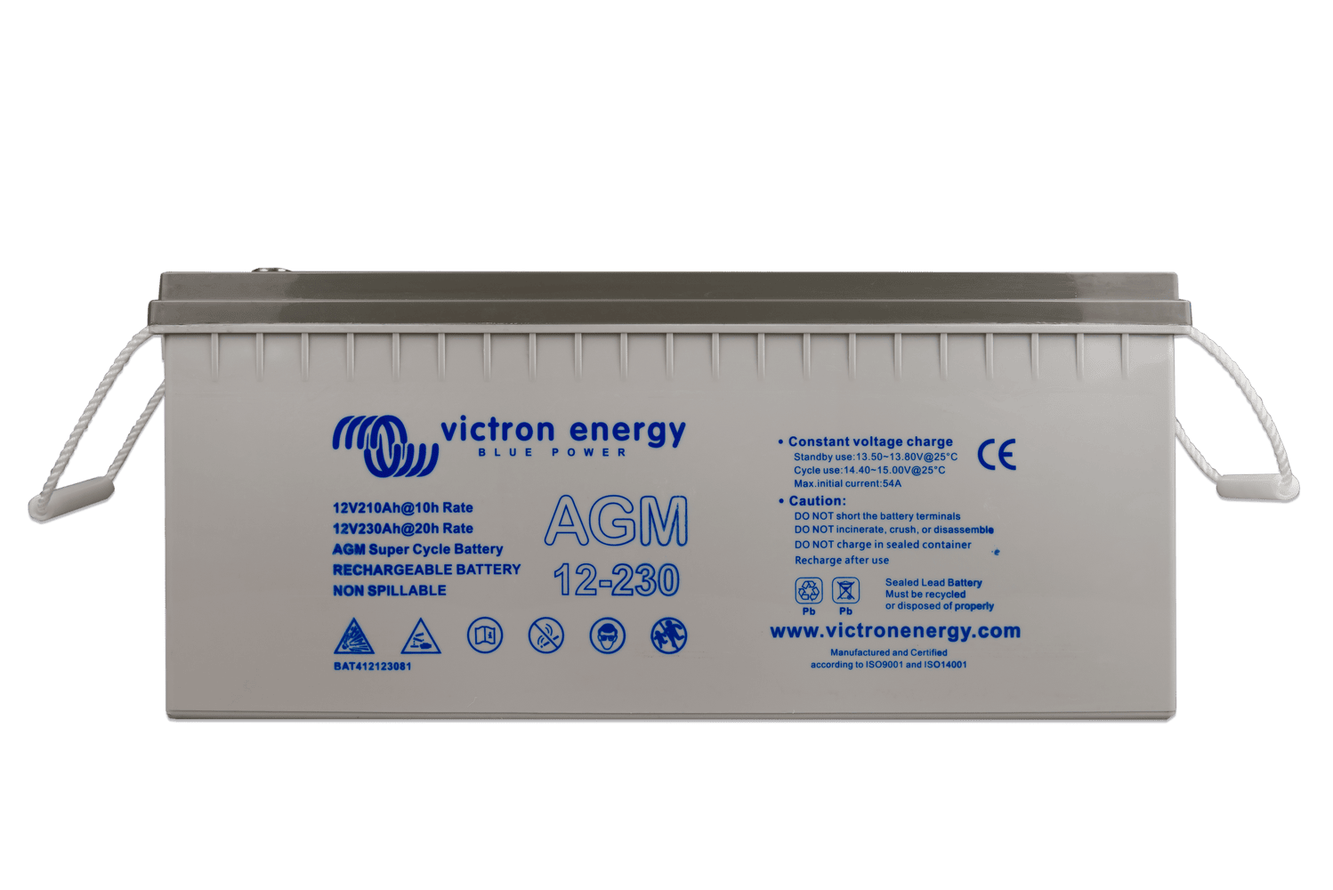 Front view of the grey Victron AGM 12-230 Super Cycle battery showing product details and specifications