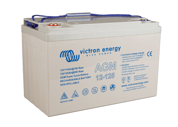 Perspective view of Victron 12V 125Ah AGM Super Cycle battery showing top and side