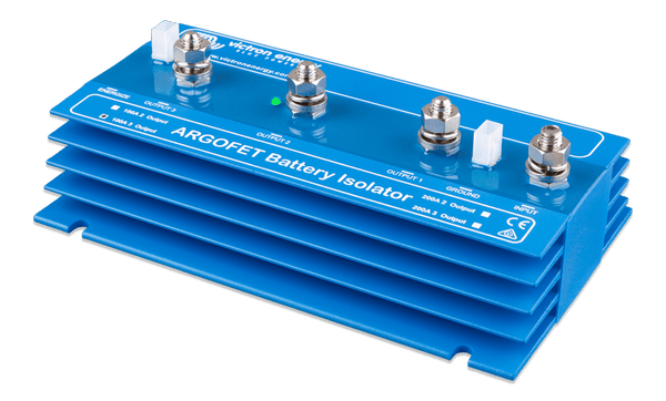 Perspective view of the Argo FET 100-3 battery isolator showing the cooling fins