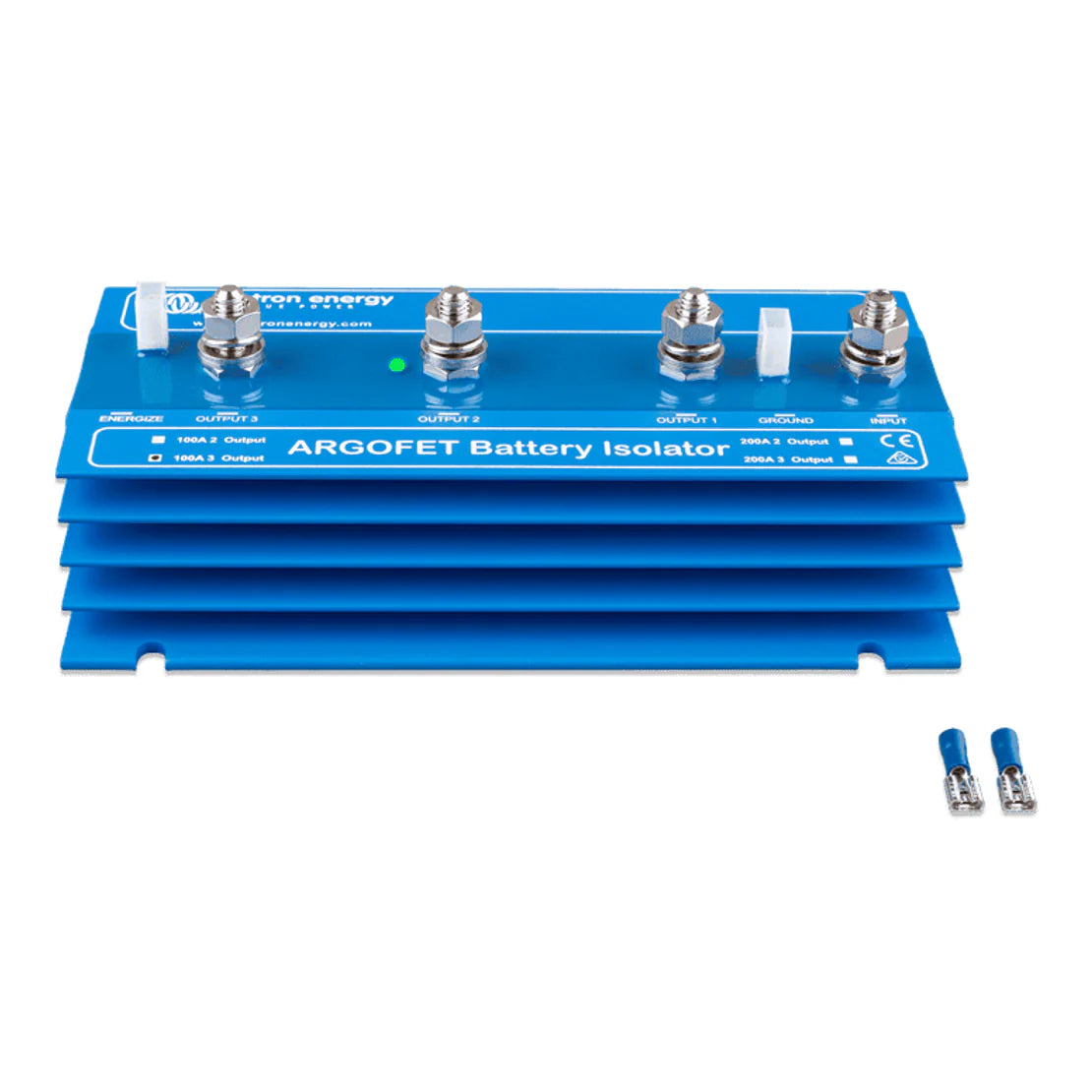 Blue Victron Argo FET 100A battery isolator with four M8 studs and status LED