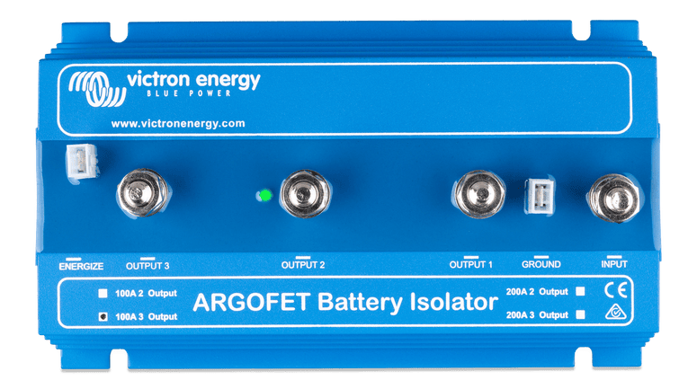 Top view of the battery isolator casing showing terminal labels and LED indicator