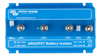 Top view of the battery isolator casing showing terminal labels and LED indicator