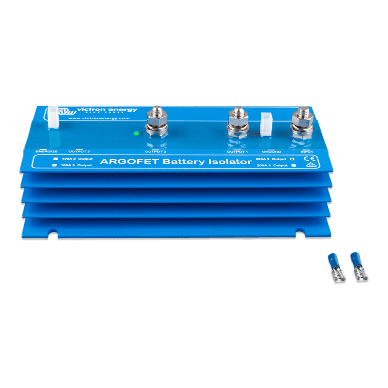 Victron Argo FET 200A battery isolator with blue aluminium heatsink and M8 terminals
