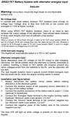 Product description text for Argo FET battery isolator detailing voltage loss and auto-ranging