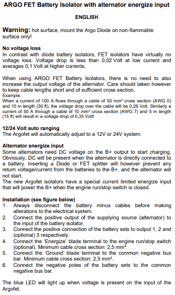 Product description text for Argo FET battery isolator detailing voltage loss and auto-ranging