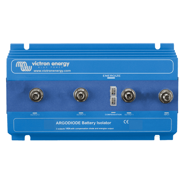 Front view of blue Victron Argodiode 140-3AC battery isolator showing M8 studs and energize terminals