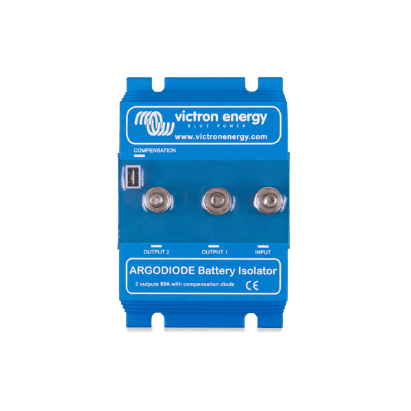 Victron Argodiode 80A battery isolator with blue finned heat sink and three M6 threaded studs