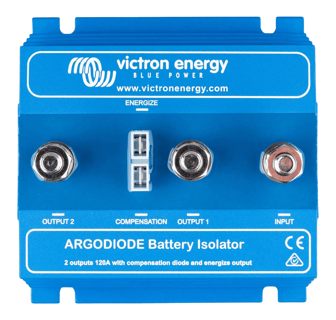 Top view of a blue Victron Argodiode battery isolator with three M8 screw terminals and central plug