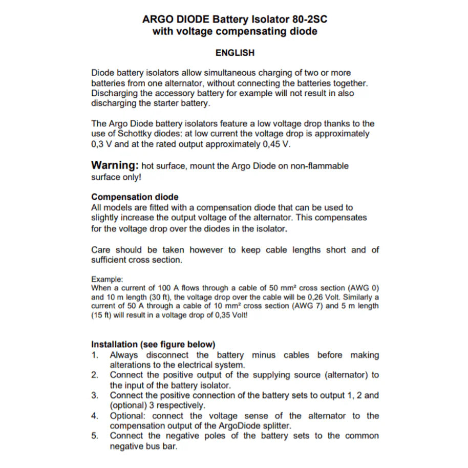 Product information sheet for Argodiode battery isolator series detailing Schottky diode features