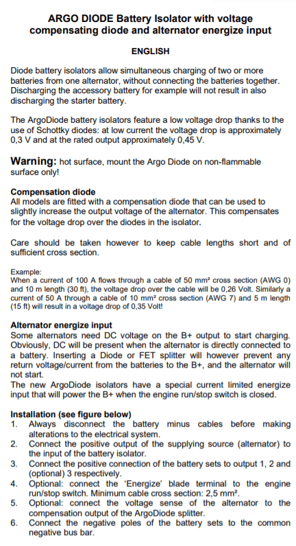 Technical installation instructions for Victron Argodiode battery isolator