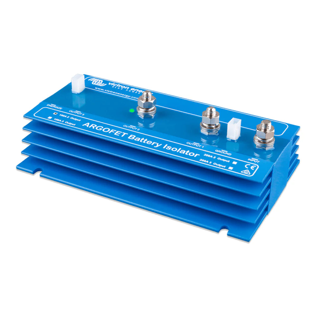 Left perspective view of the blue Victron Argofet battery isolator showing aluminium cooling fins