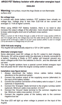 Technical specification sheet for Argofet FET battery isolators detailing voltage loss and installation
