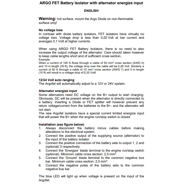 Technical specification sheet for Argofet FET battery isolators detailing voltage loss and installation