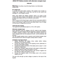Technical specification sheet for Argofet FET battery isolators detailing voltage loss and installation