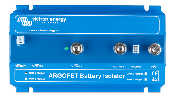 Top-down view of Argofet battery isolator showing connection labels and terminals