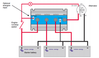 Wiring diagram for Victron Argofet battery isolator showing connections to alternator and batteries
