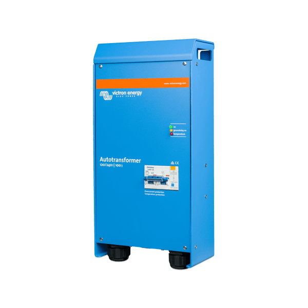 Right side perspective of blue powder-coated Victron 100A autotransformer enclosure