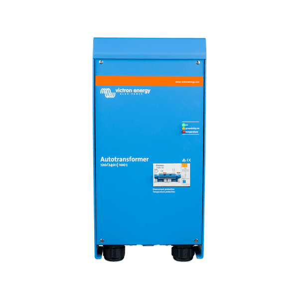 Front view of Victron Autotransformer 120/240V 100A with circuit breaker and LED status panel