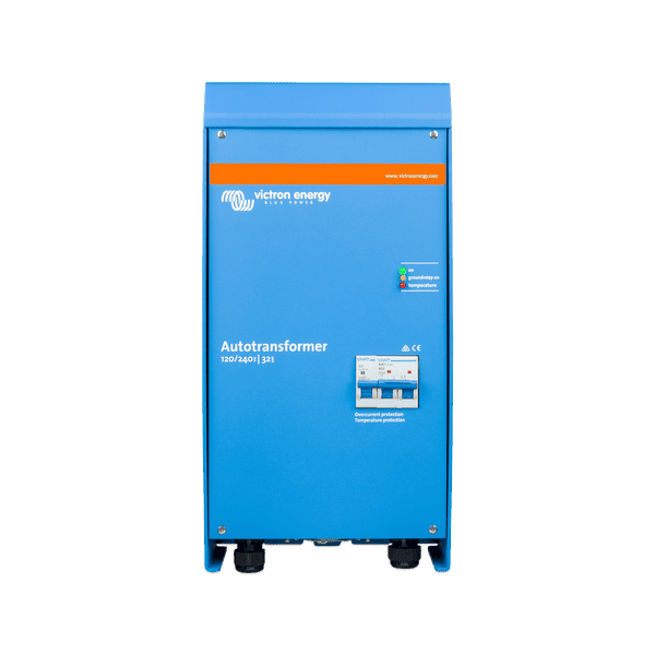 Front view of the blue Victron Autotransformer 32A featuring status LEDs and a circuit breaker