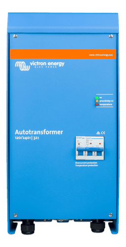 Front view of the blue Victron Autotransformer 32A featuring status LEDs and a circuit breaker