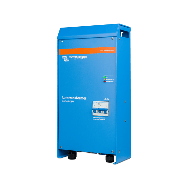 Left-angled front view of the 32A Victron Autotransformer in its blue powder-coated enclosure