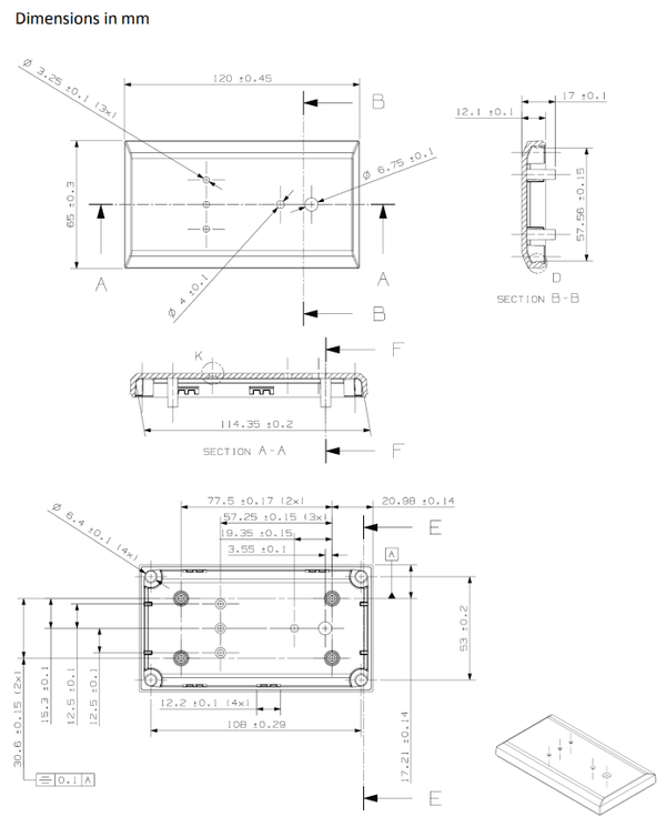 Dimensional drawing showing measurements in millimetres for the battery alarm panel
