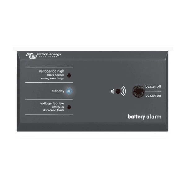 Front face of a grey Victron battery alarm panel with indicator LEDs and a buzzer switch