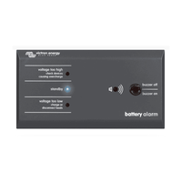 Front face of a grey Victron battery alarm panel with indicator LEDs and a buzzer switch
