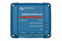 Front view of blue Victron Battery Balancer showing status LEDs and connection terminals