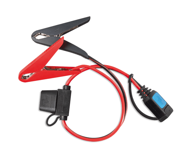 Red and black battery clamps with inline fuse and quick connector for Victron IP65 chargers