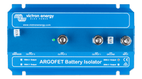 Top-down view of Victron 200A battery isolator terminal connections and indicator LED