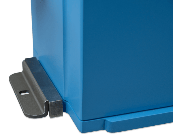 Close-up of a metal mounting bracket installed into the mounting channel of a lithium battery