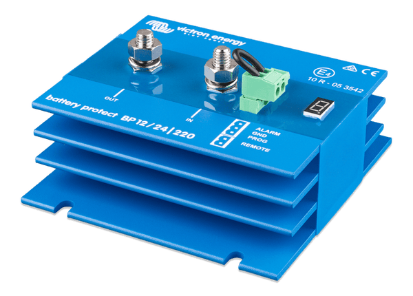 Perspective view of the 220A battery protect highlighting the blue aluminium heat sink fins