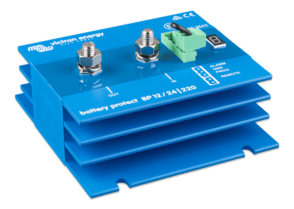 Angled side view of the 12V or 24V 220A low voltage disconnect with mounting slots